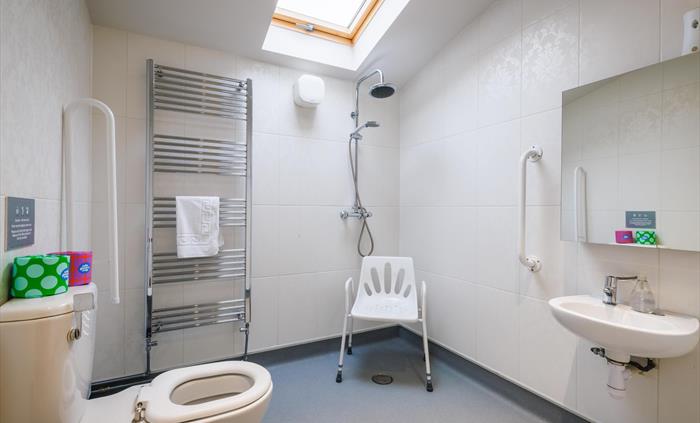 Wet room with shower and accessible chair, hand rails, toilet and sink.